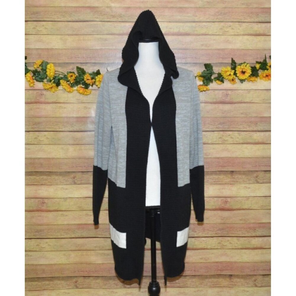 French Dressing Jeans Gray Black Color Block Hooded Long Cardigan Sweater Size L